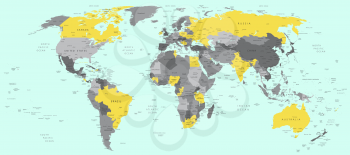 World political vector detailed map in modern colors of the year 2021 Ultimate Gray and Illuminating yellow