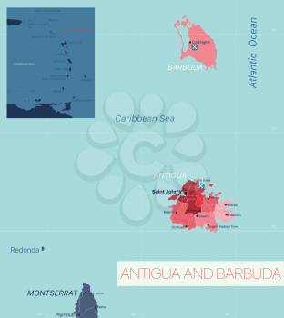 Antigua and Barbuda detailed editable map with regions cities and towns, roads and railways, geographic sites. Vector EPS-10 file