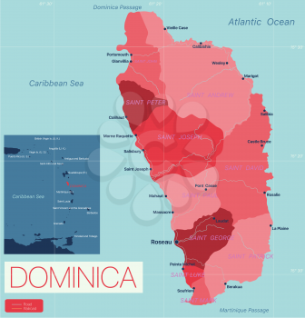 Dominica country detailed editable map with regions cities and towns, roads and railways, geographic sites. Vector EPS-10 file