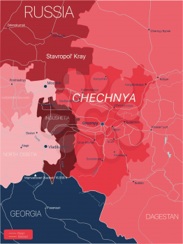 Chechnya region of Russia detailed editable map with regions cities and towns, roads and railways, geographic sites. Vector EPS-10 file
