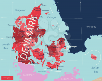 Denmark country detailed editable map with regions cities and towns, roads and railways, geographic sites. Vector EPS-10 file