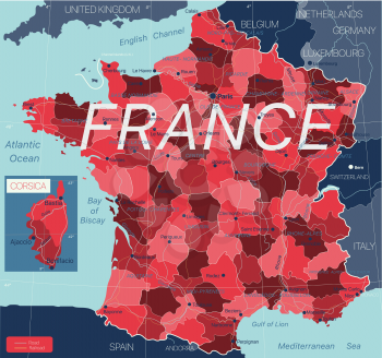 France country detailed editable map with regions cities and towns, roads and railways, geographic sites. Vector EPS-10 file