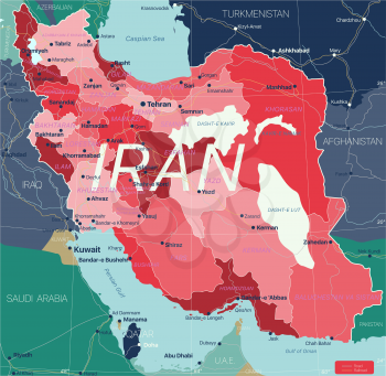 Iran country detailed editable map with regions cities and towns, roads and railways, geographic sites. Vector EPS-10 file