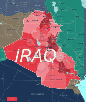 Irak country detailed editable map with regions cities and towns, roads and railways, geographic sites. Vector EPS-10 file