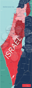 Israel country detailed editable map with regions cities and towns, roads and railways, geographic sites. Vector EPS-10 file