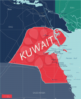 Kuwait country detailed editable map with regions cities and towns, roads and railways, geographic sites. Vector EPS-10 file