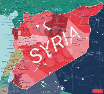 Syria country detailed editable map with regions cities and towns, roads and railways, geographic sites. Vector EPS-10 file
