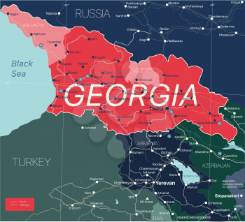 Georgia country detailed editable map with regions cities and towns, roads and railways, geographic sites. Vector EPS-10 file