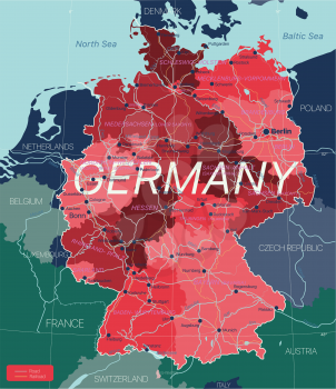 Germany country detailed editable map with regions cities and towns, roads and railways, geographic sites. Vector EPS-10 file
