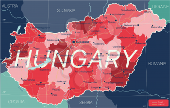 Hungary country detailed editable map with regions cities and towns, roads and railways, geographic sites. Vector EPS-10 file