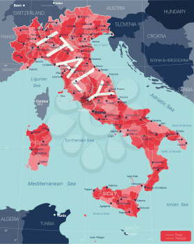 Italy country detailed editable map with regions cities and towns, roads and railways, geographic sites. Vector EPS-10 file