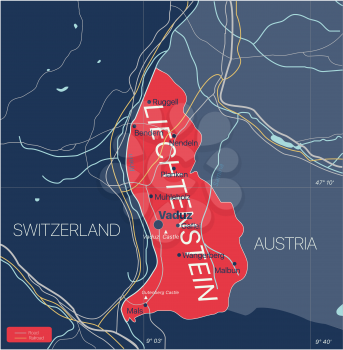 Liechtenstein country detailed editable map with regions cities and towns, roads and railways, geographic sites. Vector EPS-10 file