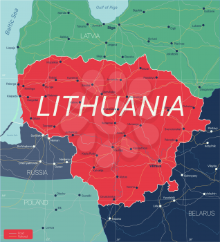 Lithuania country detailed editable map with regions cities and towns, roads and railways, geographic sites. Vector EPS-10 file