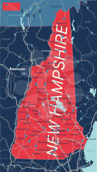 New Hampshire state detailed editable map with cities and towns, geographic sites, roads, railways, interstates and U.S. highways. Vector EPS-10 file, trending color scheme