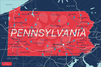 Pennsylvania state detailed editable map with cities and towns, geographic sites, roads, railways, interstates and U.S. highways. Vector EPS-10 file, trending color scheme