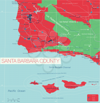 Santa Barbara County detailed editable map with cities and towns, geographic sites, roads, railways, interstates and U.S. highways. Vector EPS-10 file, trending color scheme