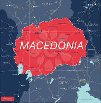 Macedonia country detailed editable map with regions cities and towns, roads and railways, geographic sites. Vector EPS-10 file