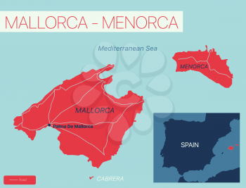 Mallorca-Menorca islands detailed editable map with regions cities and towns, roads and railways, geographic sites. Vector EPS-10 file