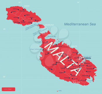 Malta country detailed editable map with regions cities and towns, roads and railways, geographic sites. Vector EPS-10 file