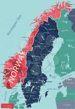 Norway country detailed editable map with regions cities and towns, roads and railways, geographic sites. Vector EPS-10 file
