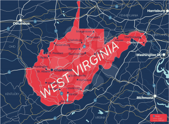 West Viginia state detailed editable map with cities and towns, geographic sites, roads, railways, interstates and U.S. highways. Vector EPS-10 file, trending color scheme