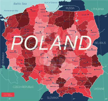 Poland country detailed editable map with regions cities and towns, roads and railways, geographic sites. Vector EPS-10 file