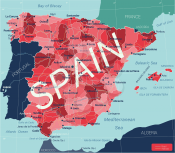 Spain country detailed editable map with regions cities and towns, roads and railways, geographic sites. Vector EPS-10 file