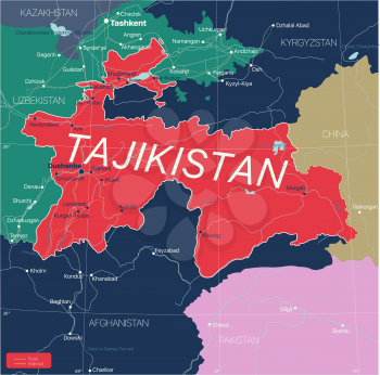 Tajikistan country detailed editable map with regions cities and towns, roads and railways, geographic sites. Vector EPS-10 file