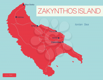 Zakynthos island detailed editable map with regions cities and towns, roads and railways, geographic sites. Vector EPS-10 file