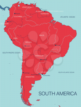 South America continent vector map with countries. Vector editable illustration. Trending color scheme