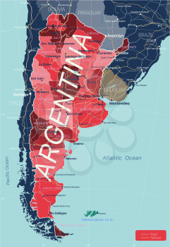 Argentina country detailed editable map with regions cities and towns, roads and railways, geographic sites. Vector EPS-10 file