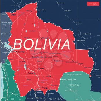 Bolivia country detailed editable map with regions cities and towns, roads and railways, geographic sites. Vector EPS-10 file