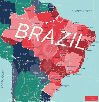 Brazil country detailed editable map with regions cities and towns, roads and railways, geographic sites. Vector EPS-10 file