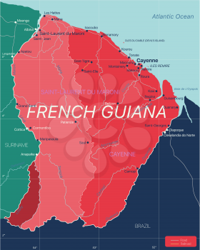 French Guiana country detailed editable map with regions cities and towns, roads and railways, geographic sites. Vector EPS-10 file