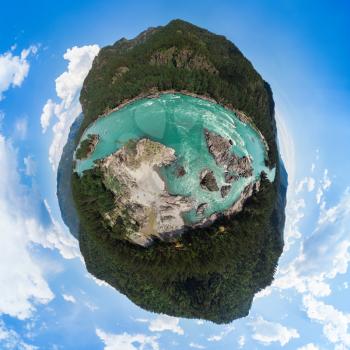 360 spherical panorama of Aerial view of Katun river, in summer morning in Altai mountains, drone shot, Altai Krai, Western Siberia, Russia. Virtual reality content