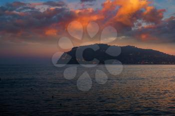 Scenic summer view from Alanya beach at the sunset, Turkey.