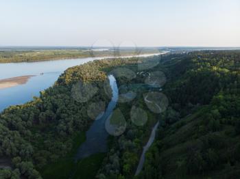Aerial view of big siberian Ob river in beauty summer day, drone shot