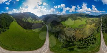Full 360 equirectangular panorama of aerial top vew of Chuysky trakt road in the Altai mountains. One of the most beautiful road in the world. Aerial drone shot. Virtual reality content