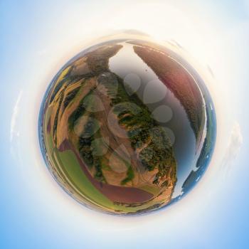 360 spherical panorama of aerial top vew of river landscape in sunny summer evening. Top view of siberian Ob river from high attitude in summer sunset. Virtual reality content