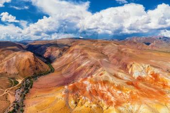 Aerial drone panorama of colorful eroded landform of Altai mountains. Nature landscape called Mars, near the border with Mongolia, Chagan-Uzun, Altai Republic, Russia