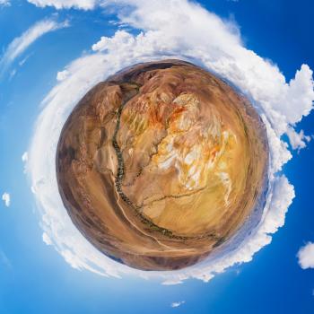 Little planet transformation of spherical panorama 360 degrees of colorful eroded landform of Altai mountains with yellow, brown and red colors. Nature landscape called Altai Mars, Altai Republic, Russia