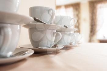 Many cups on table, concept of catering, food service or banquet service