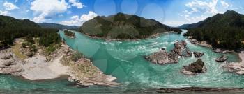 Full 360 equirectangular spherical panorama of Aerial view of Katun river, in summer morning in Altai mountains, drone shot. Virtual reality content
