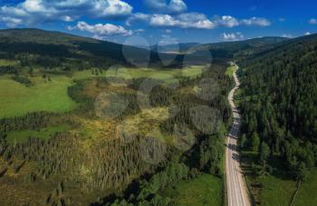 Chuysky trakt road in the Altai mountains. One of the most beautiful road in the world. Aerial drone shot