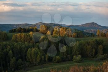 Beauty sunrise in the mountains in Altay, panoramic picture