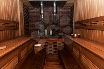 Russian sauna interier with accessories: wooden basins, scoops