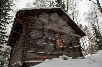 Antique wooden barn house in winter forest. Retro building of the early 19th century.
