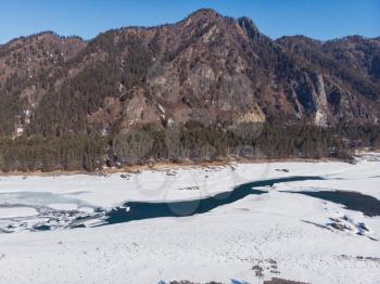 Aerial view of winter Katun river in Altai mountains