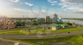 Panoramic picture of road and cars driving, summer sunny day in Barnaul, Siberia, Russia