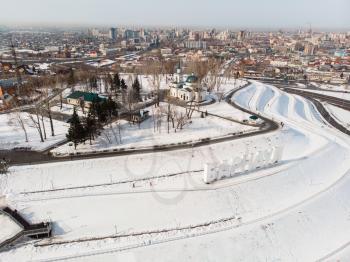 Aerial shot of main view to Barnaul city, Siberia, Russia